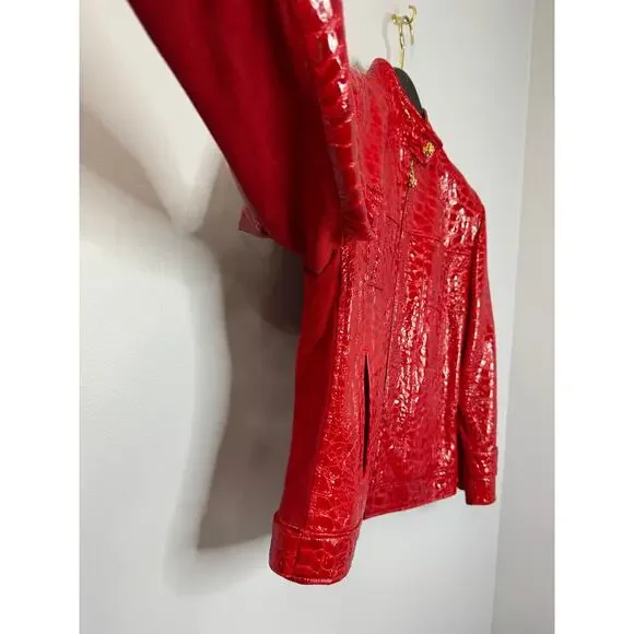 VTG St. John By Marie Gray Red Leather Women's Jacket Crocodile Embossed Sz 14